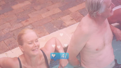 older couple relaxing in pool with social media likes animation overlay