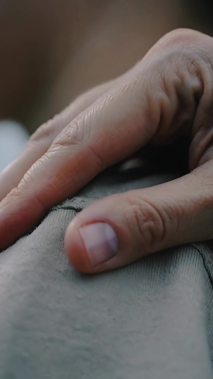 Vertical video: Sliding adult male right hand smoothing khaki fabric seam at home, with lint