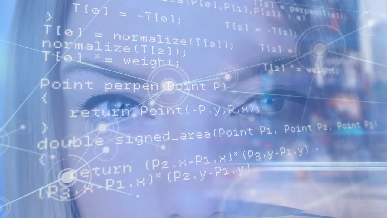 Animation of data processing over eyes of caucasian woman