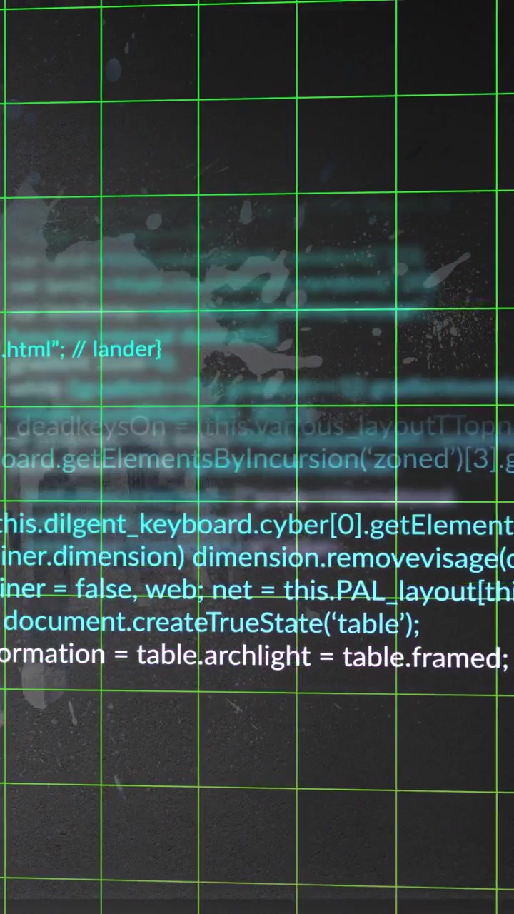 Vertical video: Dark display panel with green grid triggered by cyan pulse, scanning to reveal code
