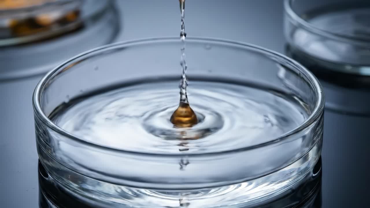 Close-up of Pipette Dropping Golden Liquid into Petri Dish