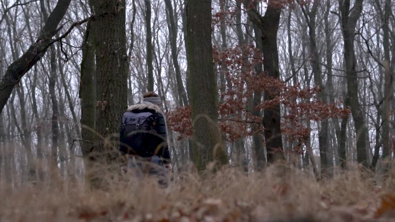 Young caucasian woman with backpack wandering around in deep forest with dry grass blurred in foreground