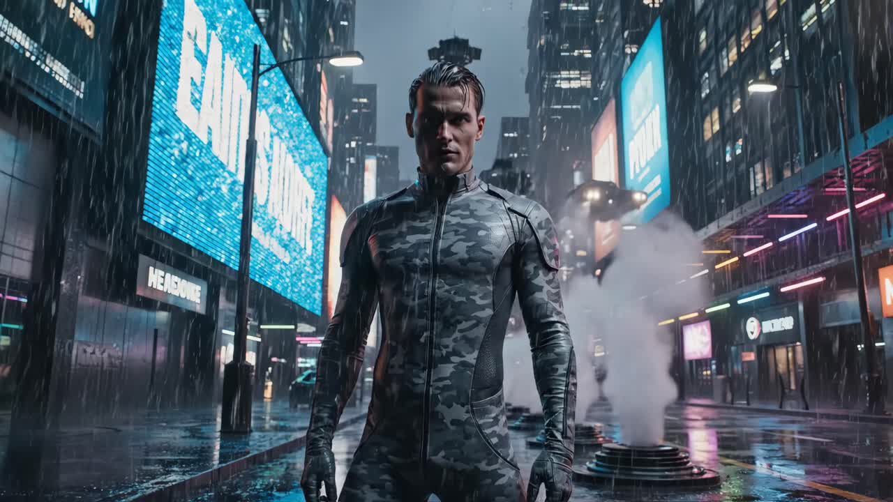 Hombre ciberpunk en una ciudad futurista