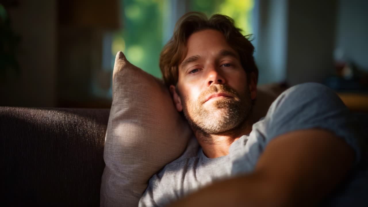 A reflective moment captured as a man rests comfortably on a couch, illuminated by warm, natural light, depicting tranquility and contemplation in a serene setting