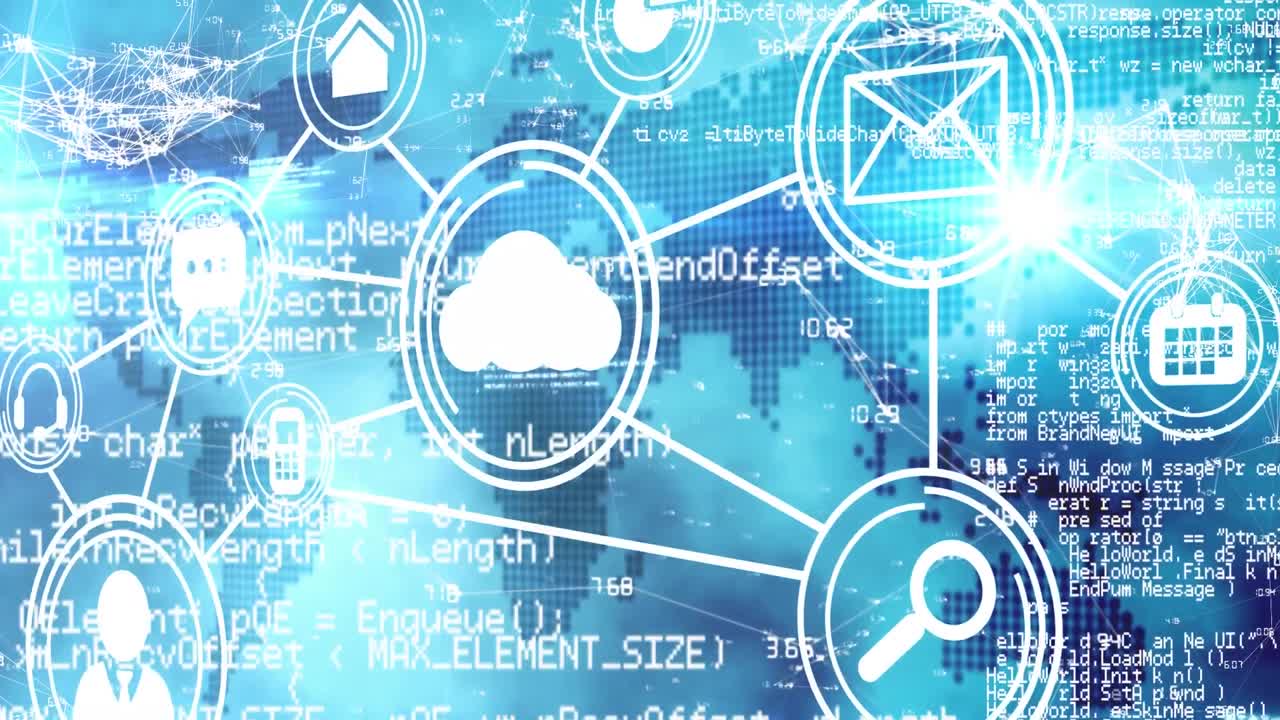 세계 지도와 움직이는 데이터와 정보와 함께 기술 아이콘의 애니메이션