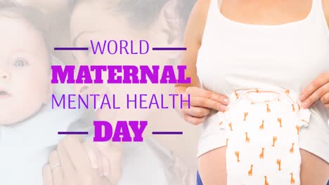 Animation-of-world-maternal-mental-health-day-over-pregnant-caucasian-woman-holding-baby-clothes