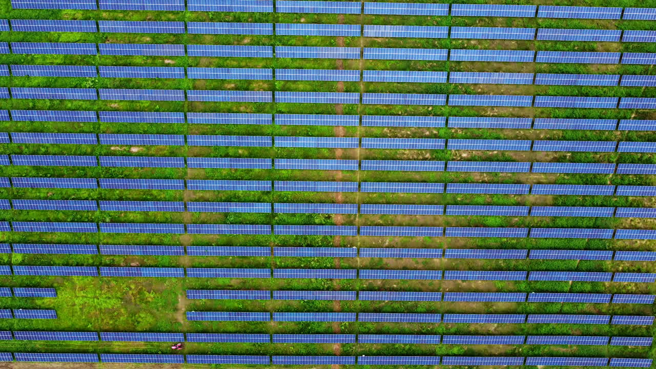 시골의 태양열 필드에 있는 패널 열의 하향식 보기