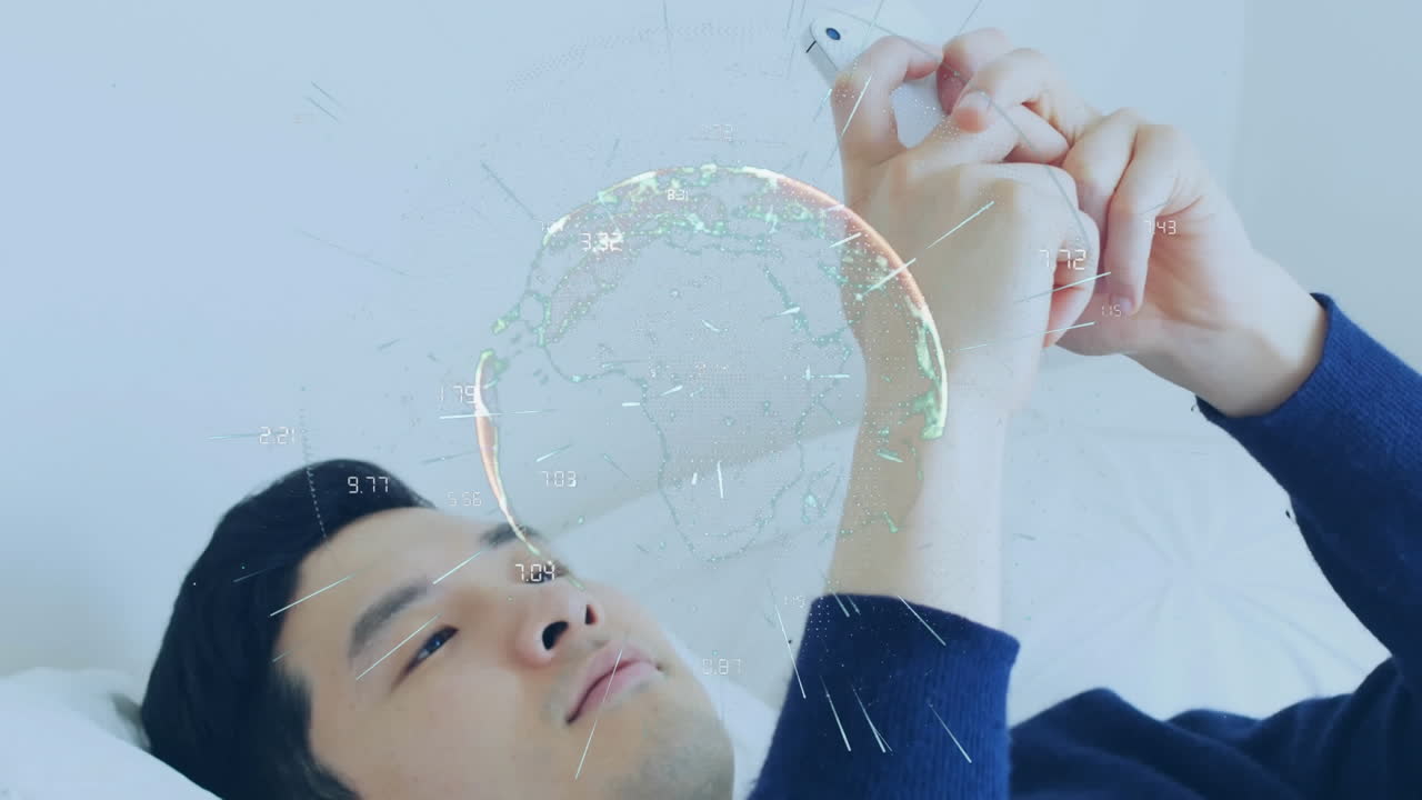 디지털 지구의 애니메이션과 스마트 폰을 사용하여 사람 위의 데이터 처리