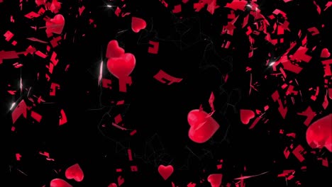 animation of red hearts falling over network of connections