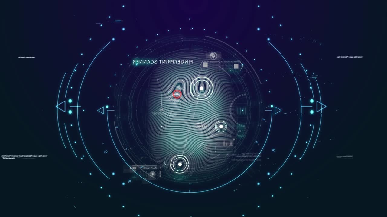 fondo de huellas dactilares, concepto de internet seguro. fondo de bucle 4k sobre seguridad y tecnología de internet. validación de identificación, escaneo de huellas digitales en la pantalla, control de seguridad, control de pasaporte.