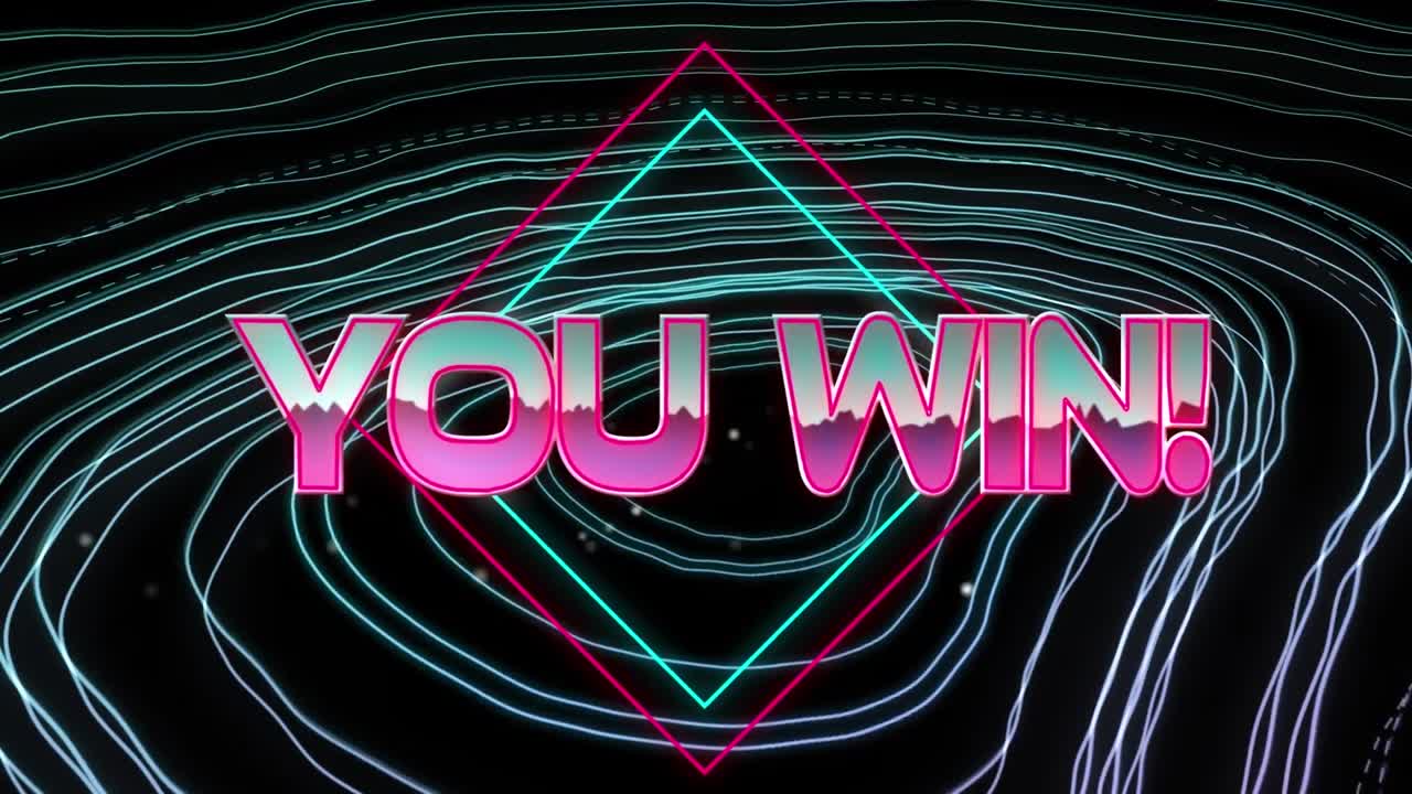 animación de usted ganar texto sobre formas de neón y rastros de luz en fondo negro