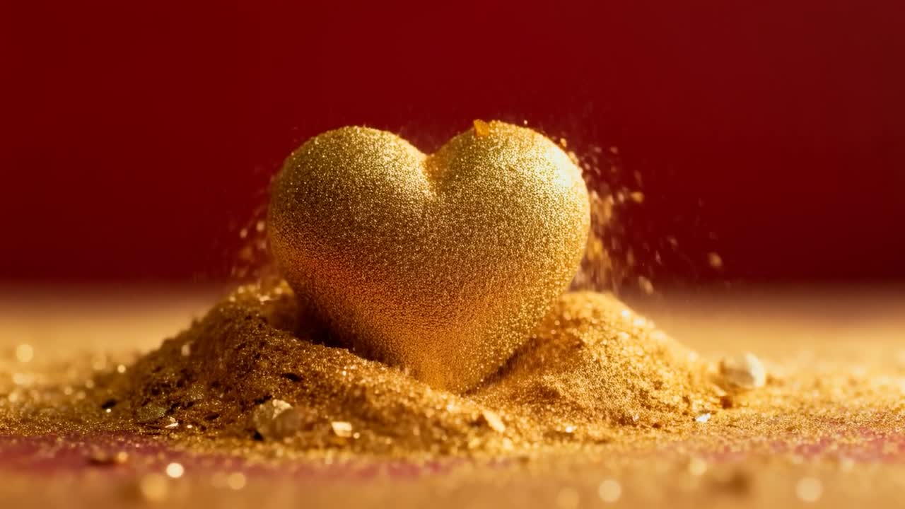 Cuore rivestito, glitter dorati che cadono formando una texture dorata su un cumulo da tavolo su sfondo rosso