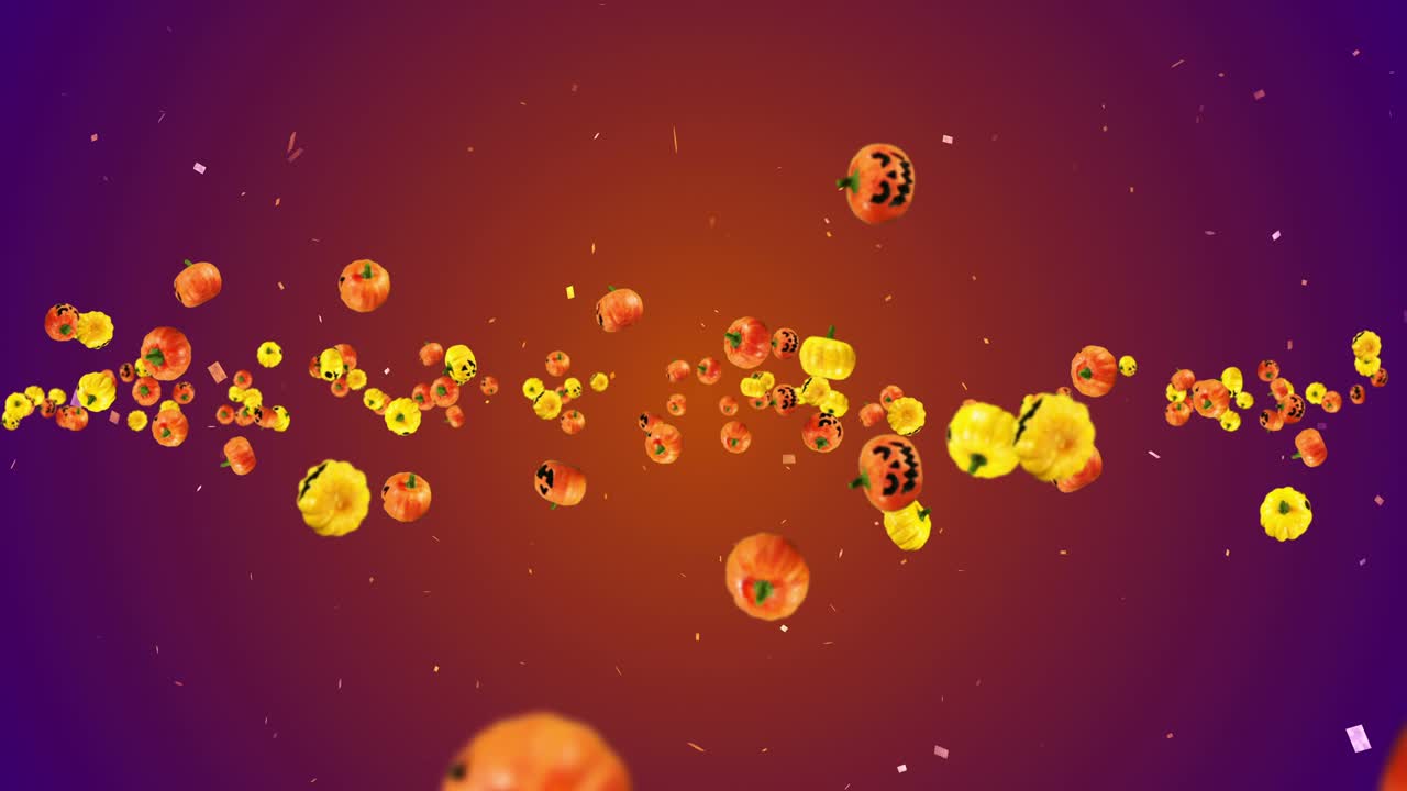 volando muchas calabazas naranjas y amarillas. fondo de gradiente. caricaturas caras con sonrisa. animación 3d para el halloween de vacaciones. animación de bucle.