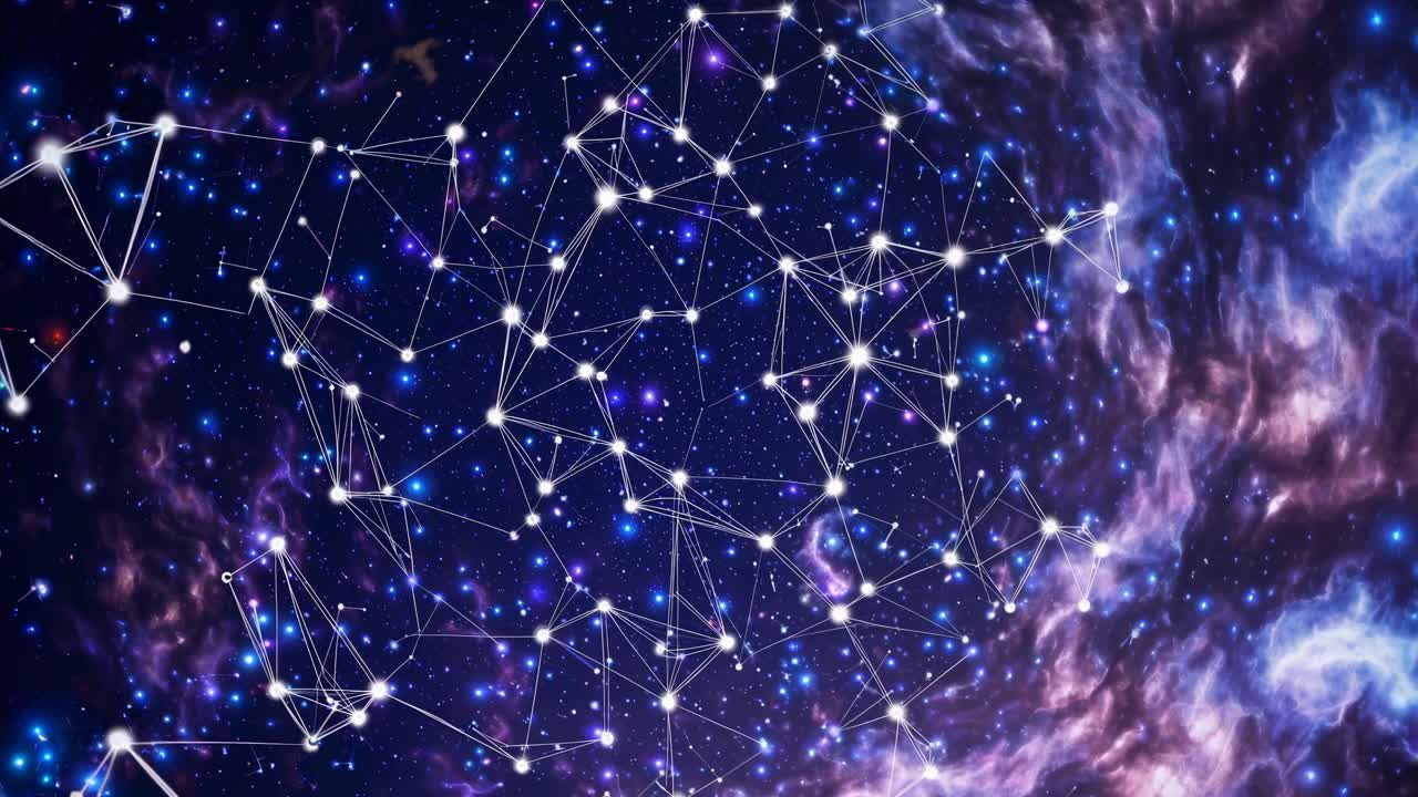 A cosmic-themed video with a top-down angle, showcasing a network of glowing stars and lines