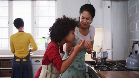 Mixed-race-lesbian-couple-and-daughter-preparing-food-in-kitchen