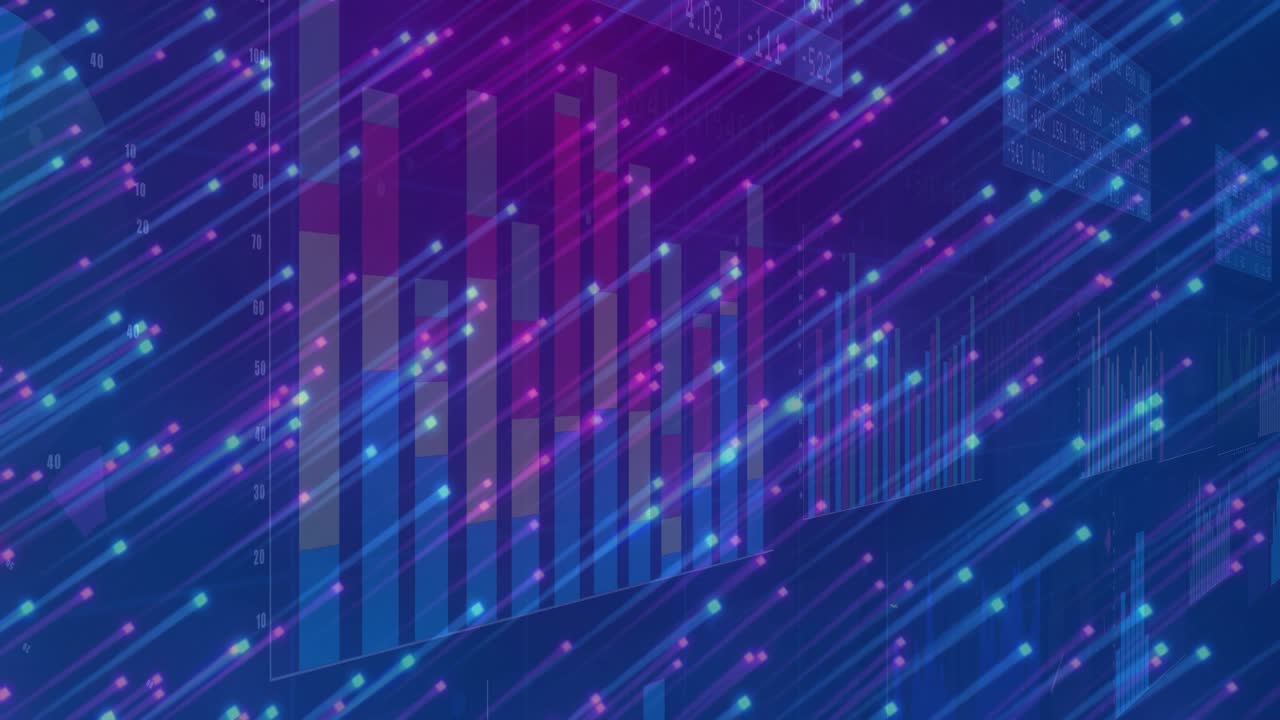 One-second magenta cyan streaks sweeping bar chart, fading bars, pulsing points looping data flow