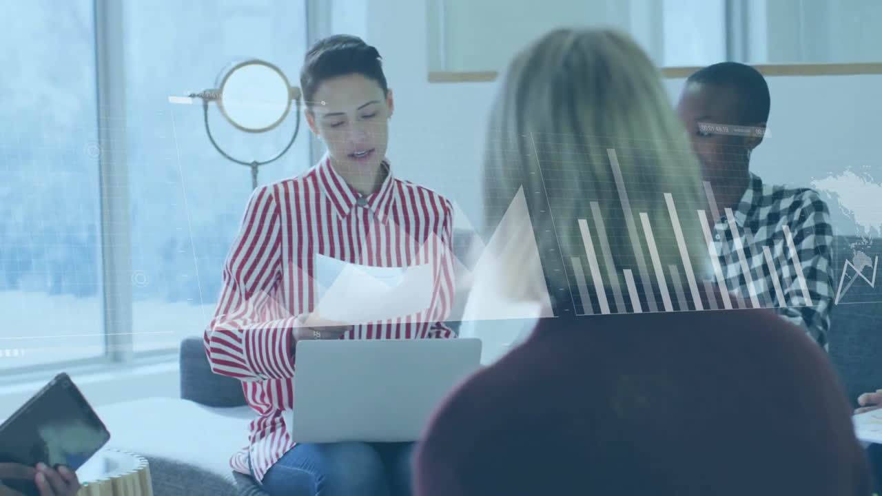 Animation of financial data processing over diverse business people in office
