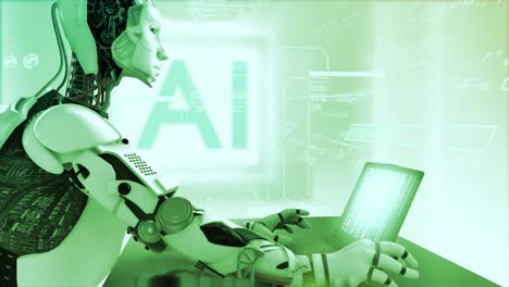 High-quality-3D-CGI-render-of-an-Artificial-Intelligence-humaniod-robot-at-a-laptop-computer-in-a-virtual-AI-environment-with-data-and-equations-floating-around-him---cool-green-color-scheme