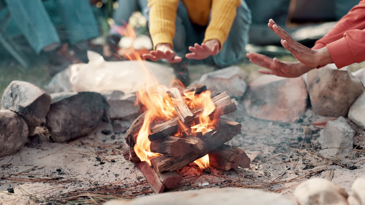 친구 들 이 캠프 불 을 둘러싸고 모이는 것