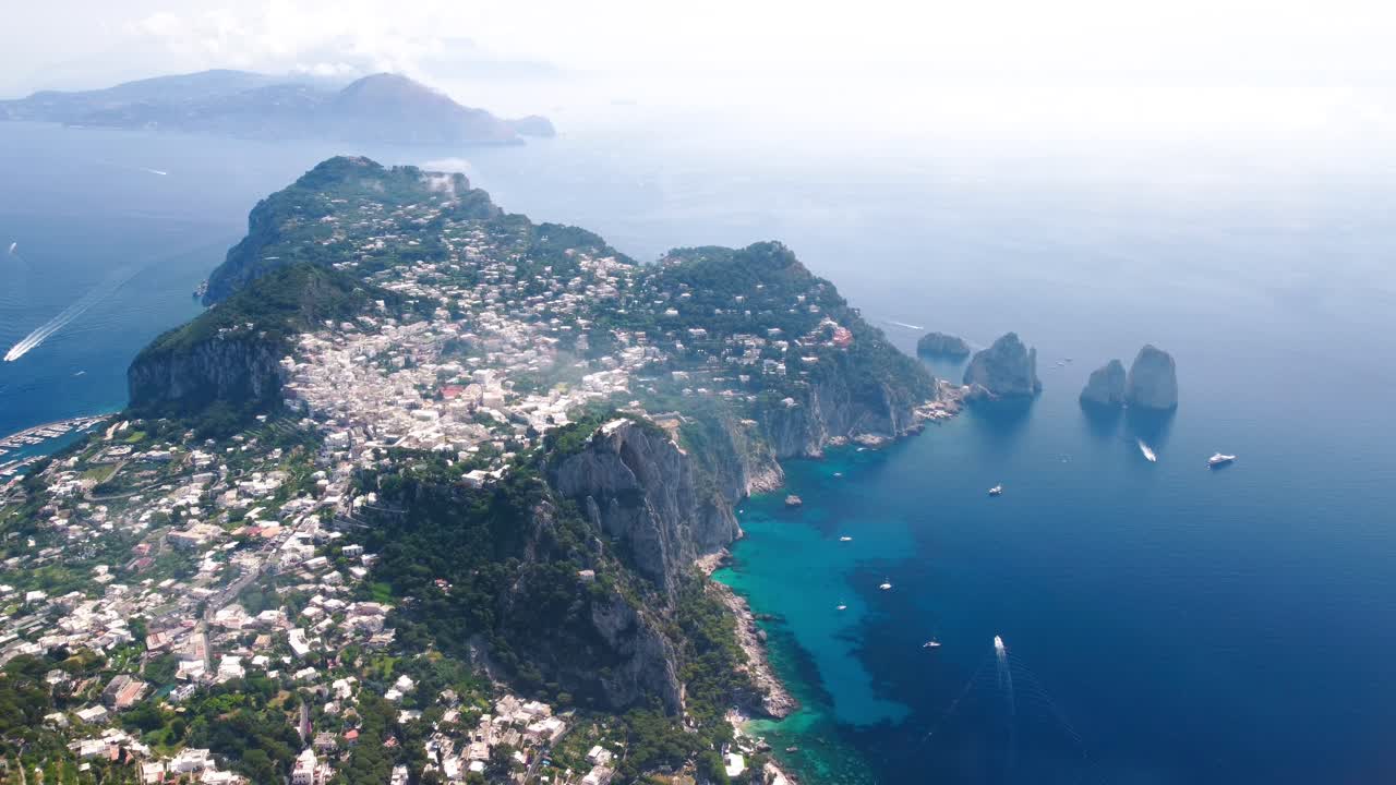 Aerial - View of Faraglioni from mount Solaro, Capri, Italy