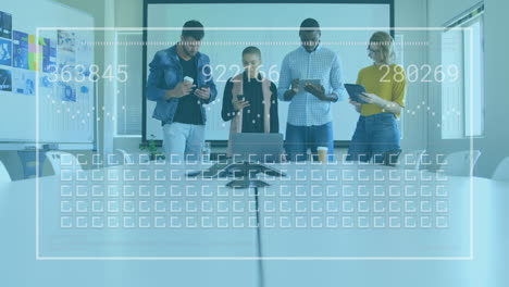 Animation-of-numbers,-loading-bar-and-squares,-diverse-coworkers-using-cellphone-and-digital-tablet
