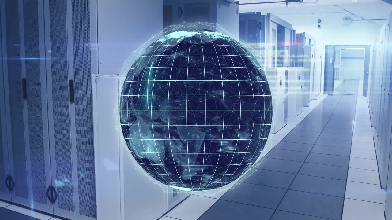 파란 빛으로 데이터 센터의 서버를 통해 디지털 글로브를 애니메이션화합니다.