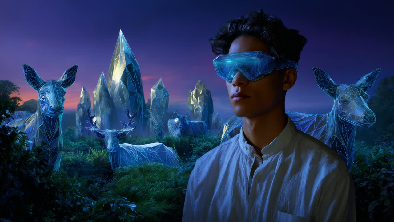 A captivating portrayal of a young individual wearing futuristic goggles in a surreal landscape filled with polygonal animals and crystal-like formations, blending nature with technology in a serene twilight setting