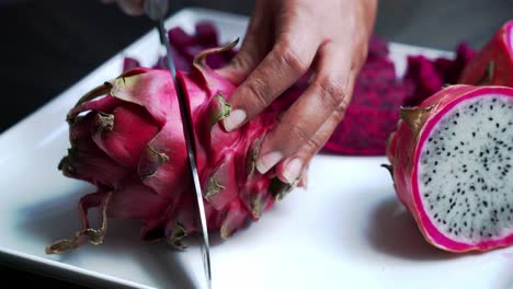 Close-up-of-Red-and-white-dragonfruit-Red-Dragon-Fruit-Slices-and-Cultivating-Exotic-Plants-pitaya