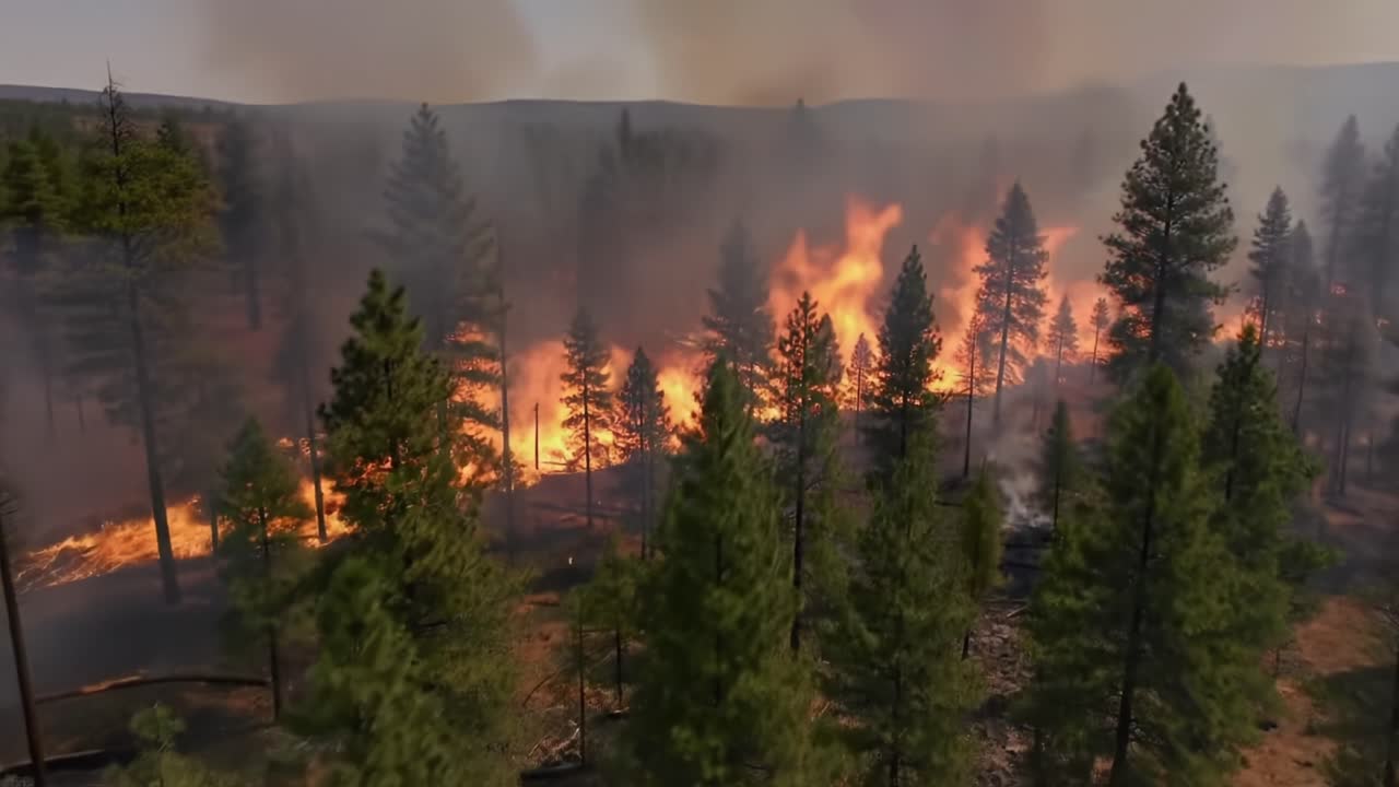 Intense Wildfire Spreading Through Dense Forest, Displaying Fiery Blazes Against a Smoky Background, with Trees Engulfed in Flames and Smoke Lingering in the Air