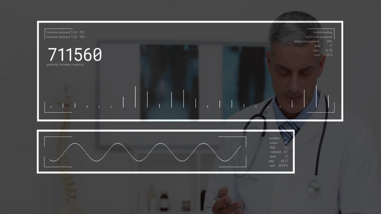 Male doctor reviewing clipboard in medical office, with floating charts and numeric data panels