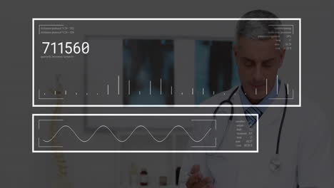 male doctor reviewing clipboard in medical office, with floating charts and numeric data panels