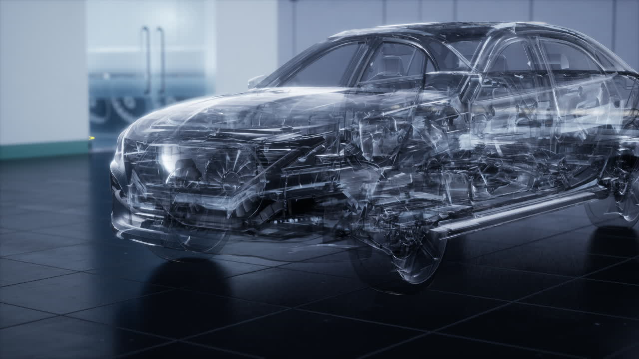 실험실에서 엔진이 있는 투명한 자동차