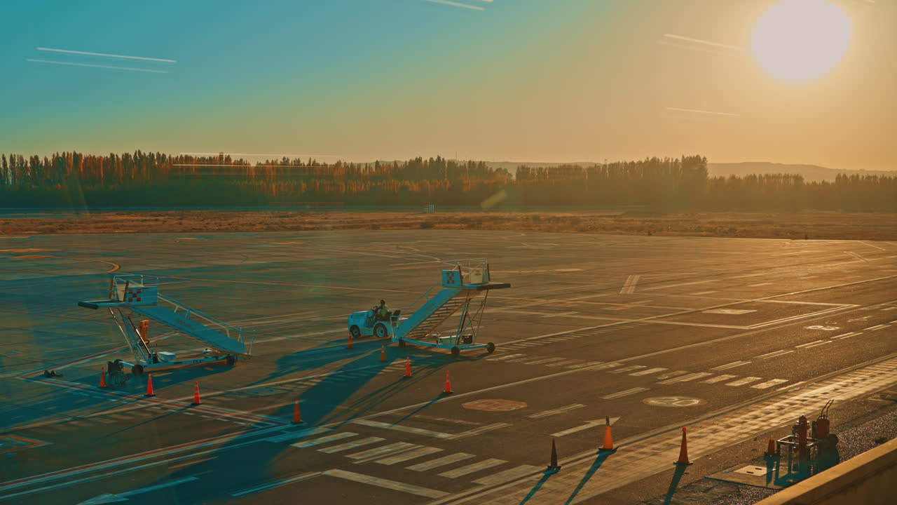 Flughafen-Vorfeld in der Goldenen Stunde mit sich bewegenden Bodenabfertigungsgeräten