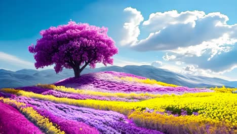 a lone tree in the middle of a field of purple and yellow flowers