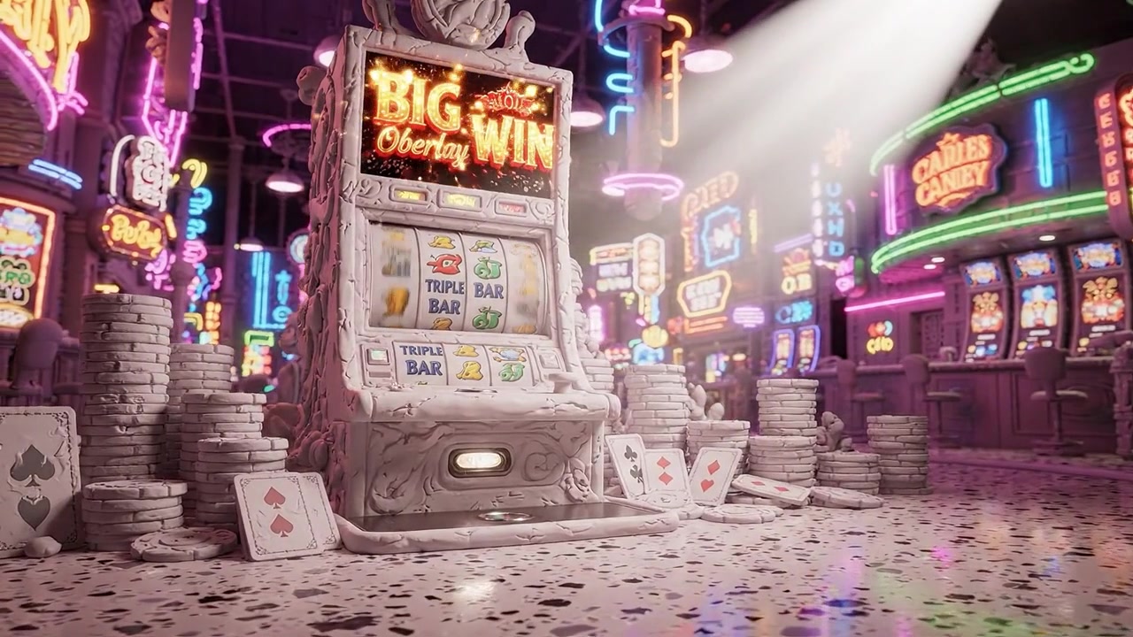 Scena di casinò vibrante con una carismatica slot machine che celebra una grande vincita, circondata da luci al neon colorate e pile di fiches in un'atmosfera vivace