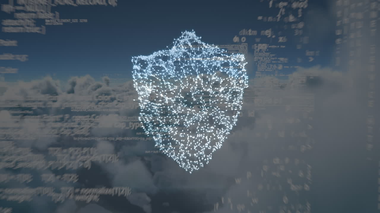 Animation of data processing over shield and clouds