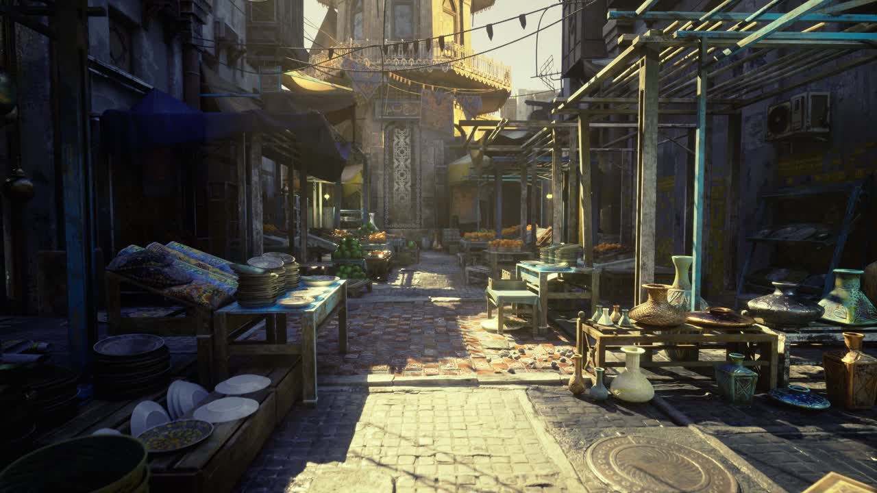 Serene alley illuminated by warm sunlight and bustling wooden shops