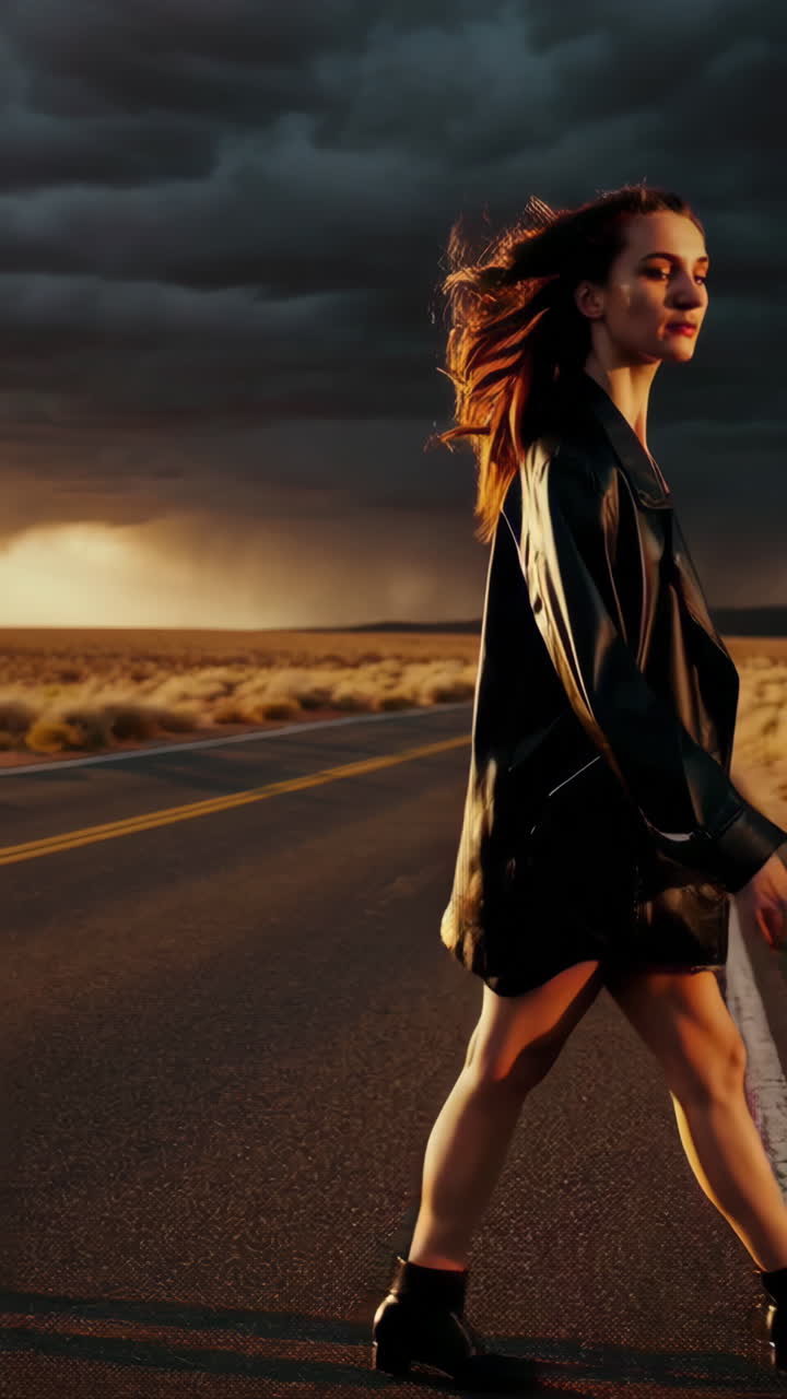 Woman on a Highway at Sunset During a Storm