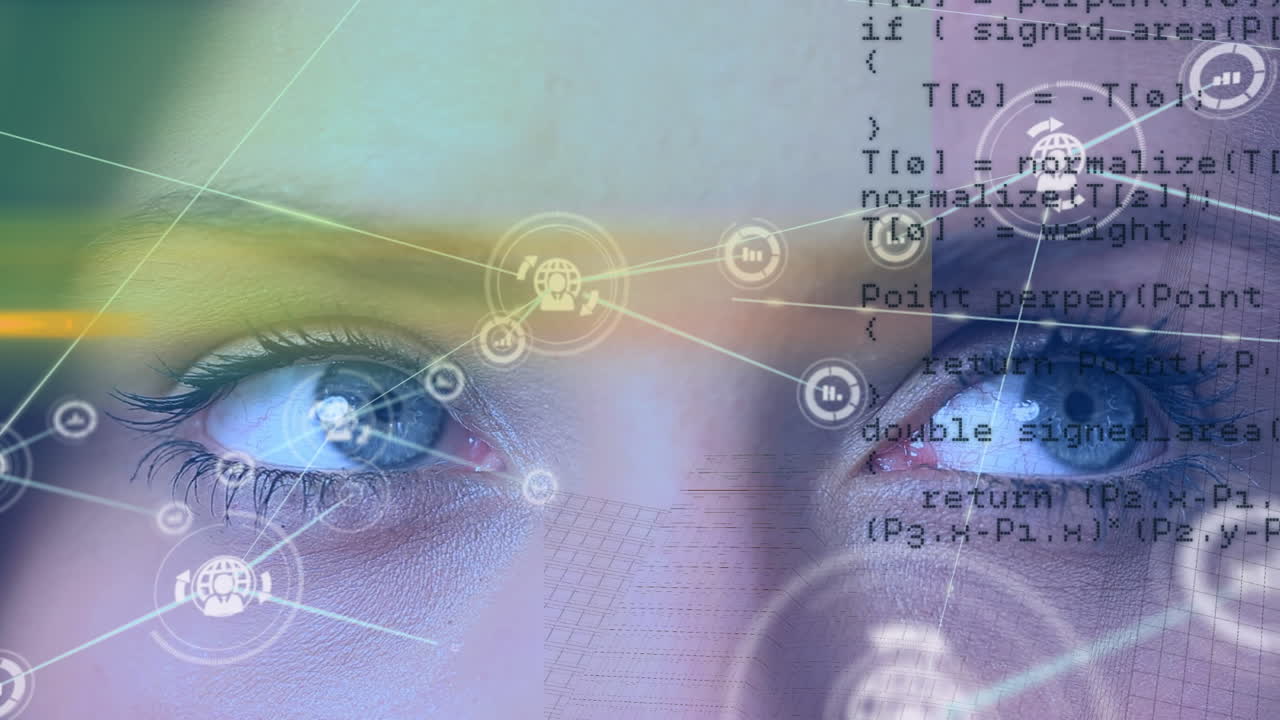 animación de la red de conexión con iconos y procesamiento de datos sobre el rostro de la mujer caucásica