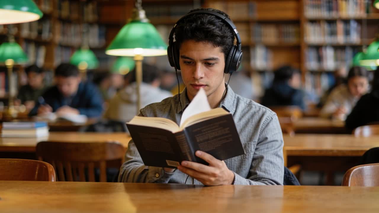 Étudiant lisant, arrivant à la fin d'une ligne, tournant une page à la bibliothèque pour étudier, tenant des écouteurs et un livre de poche.