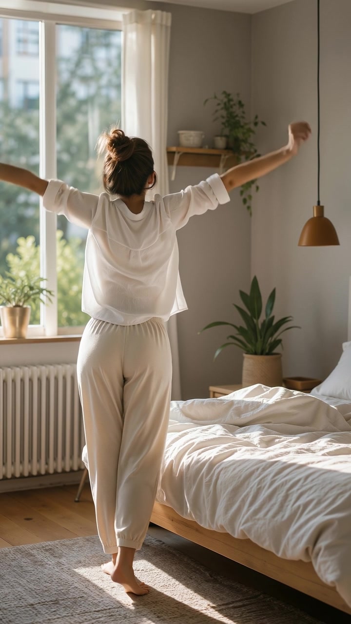 Donna che si stira le braccia davanti a una luminosa finestra della camera da letto al mattino.