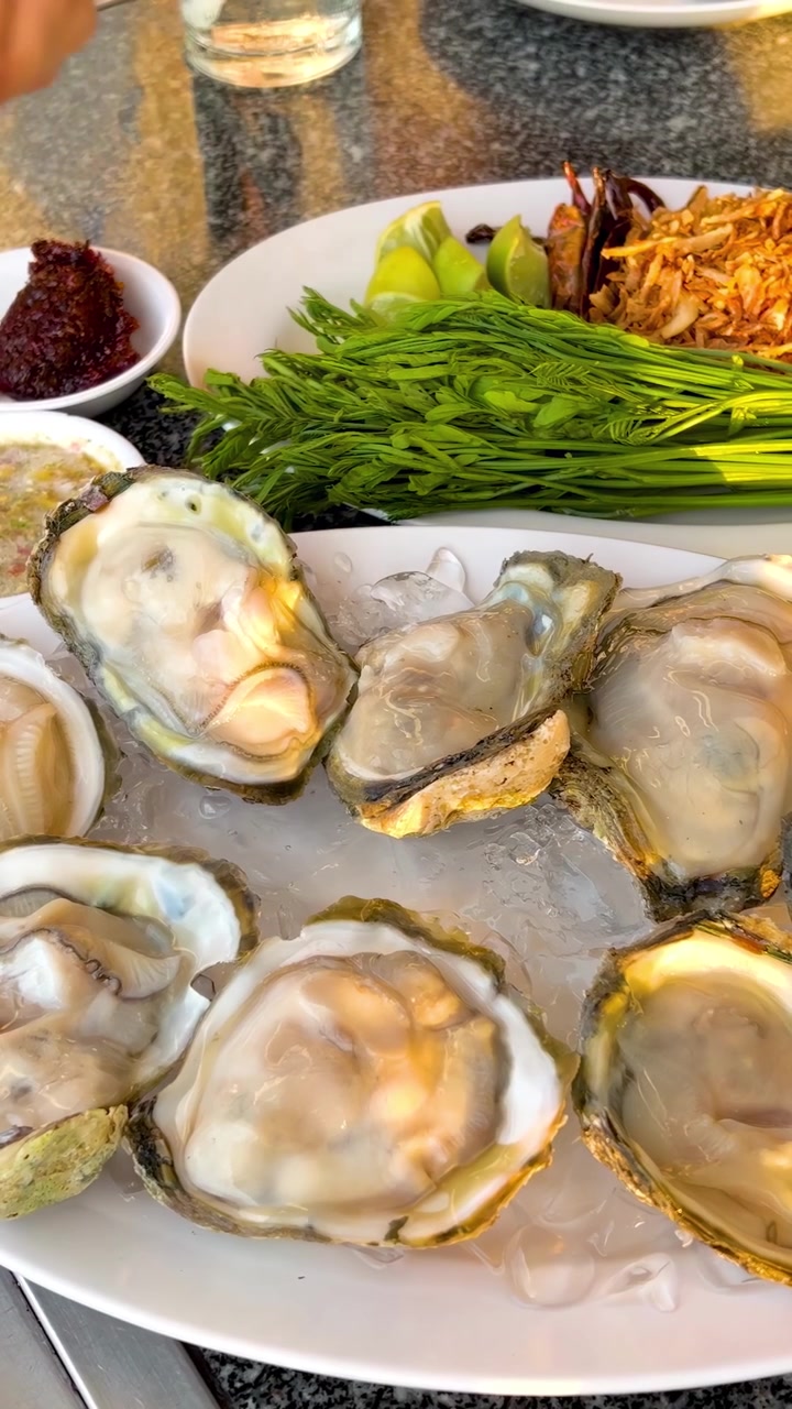 Hand arranging oysters with garnishes on plate