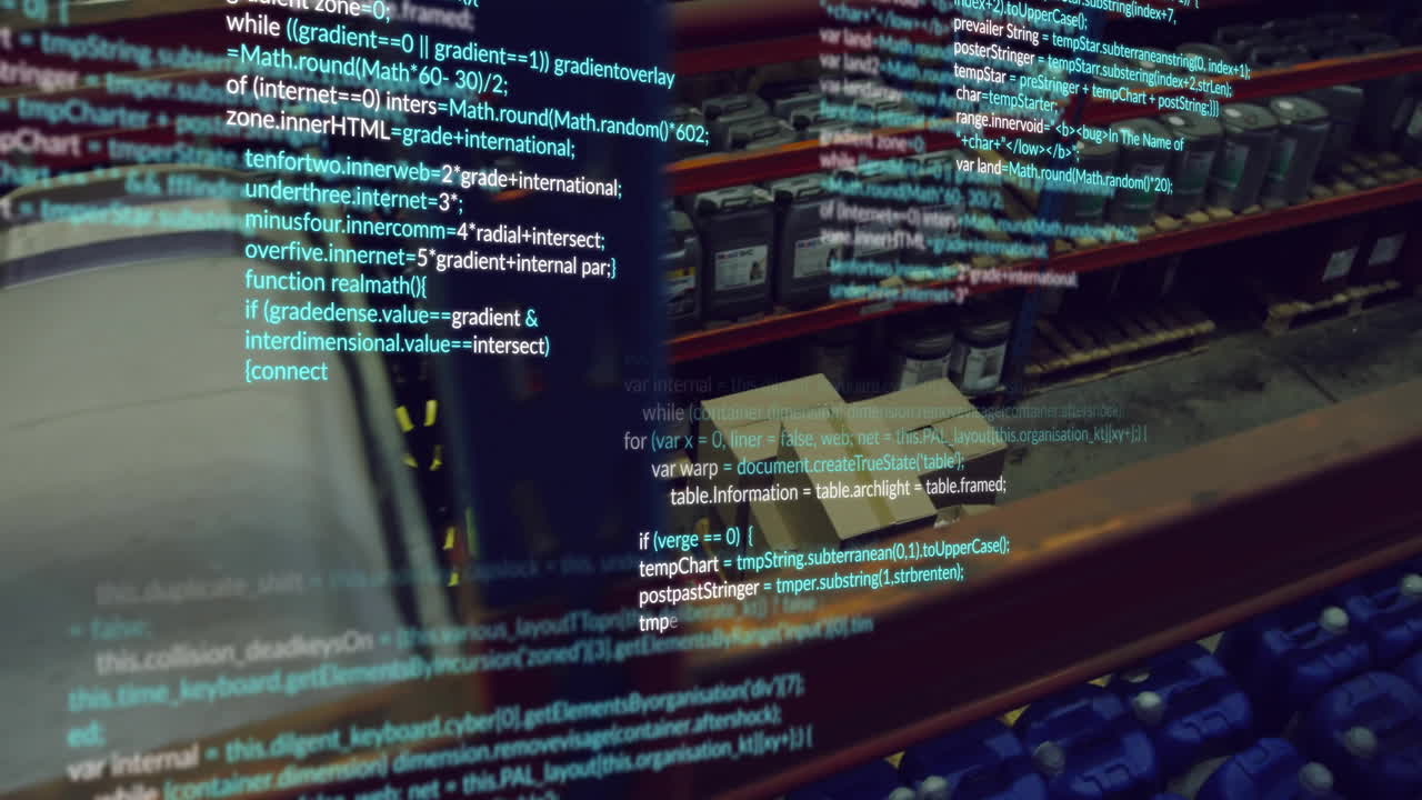 Animation of financial data processing over diverse people working in warehouse