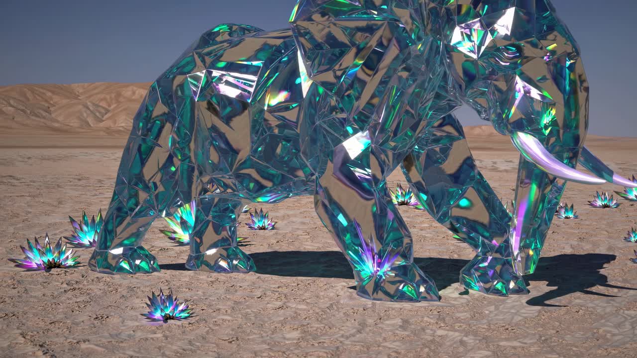 Crystalline Elephant in a Desert Landscape