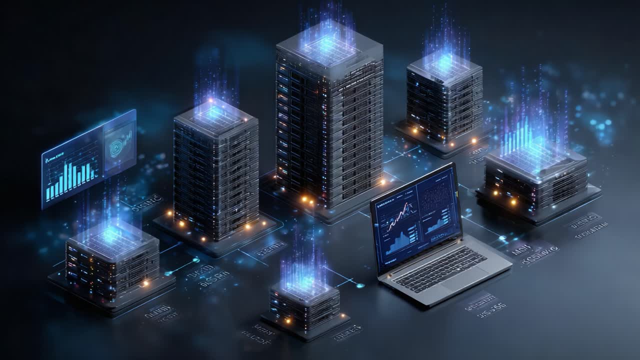 Advanced Data Processing and Analytics Visualization Through High-Tech Servers and Laptops Demonstrating Real-Time Information Flow in a Digital Environment