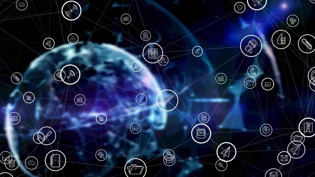 animación de iconos conectados sobre puntos conectados y globo contra fondo negro