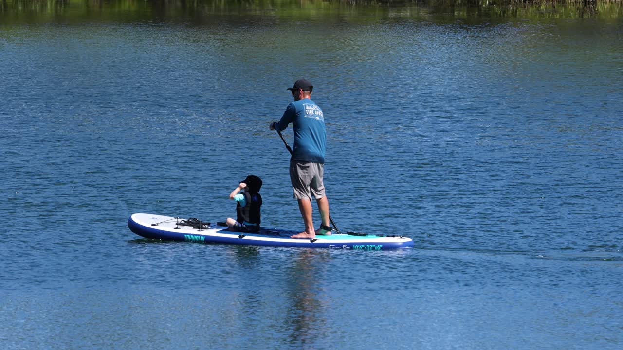Person and dog enjoying paddleboarding on calm water