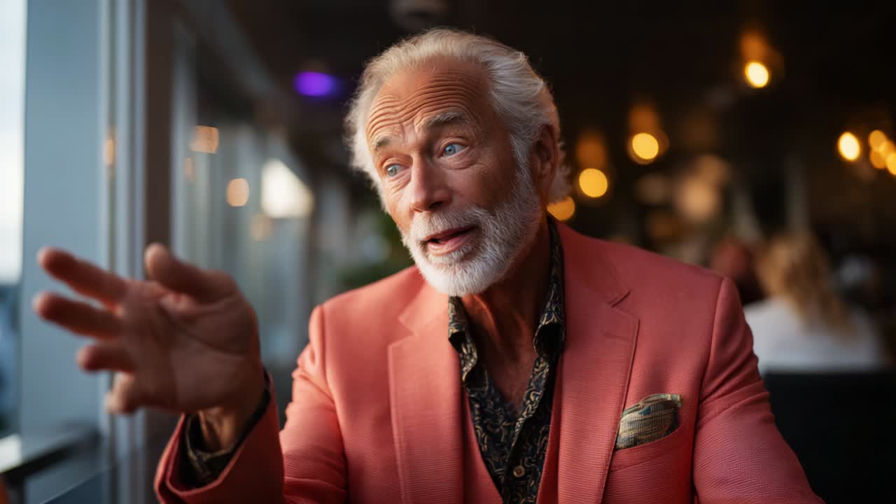 A Charismatic Senior Gentleman Engages in Energetic Conversation Inside a Lively Restaurant, Emphasizing His Points with Animated Gestures and a Warm, Inviting Expression, Surrounded by Attentive Diners