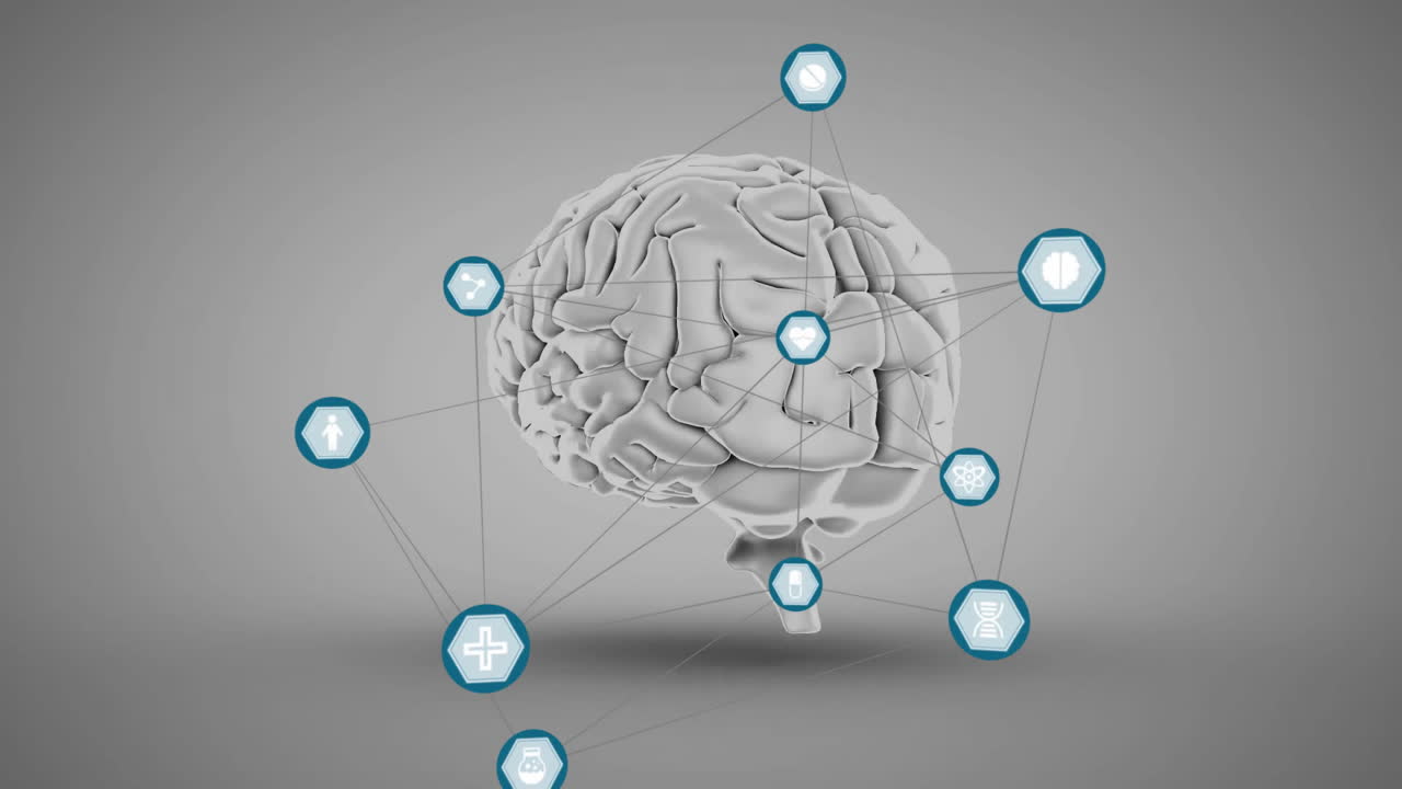 Animation of network of connections with icons over digital brain on grey background
