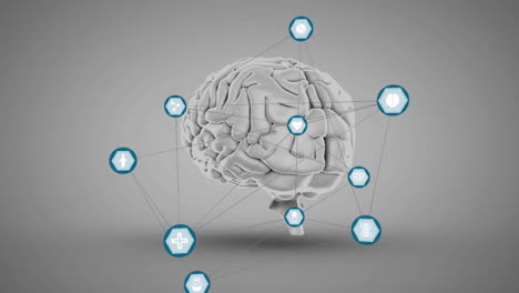 animation of network of connections with icons over digital brain on grey background